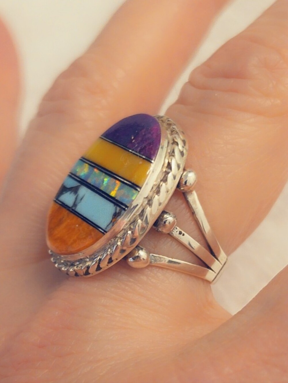Turquoise & Opal Inlay Sterling Gemstone Ring
